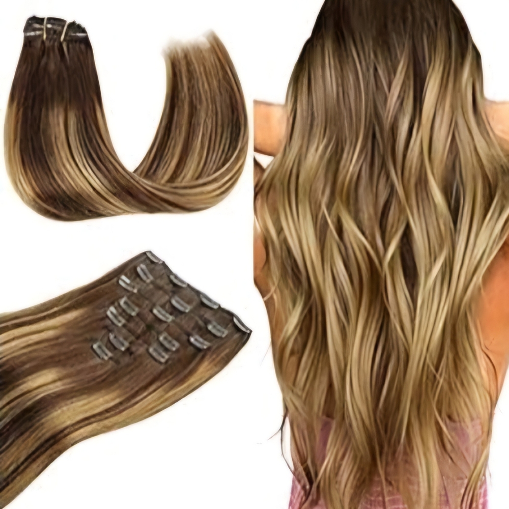 Human Hair Clip In Extensions 18" Balayage Chocolate Brown to Caramel Blonde